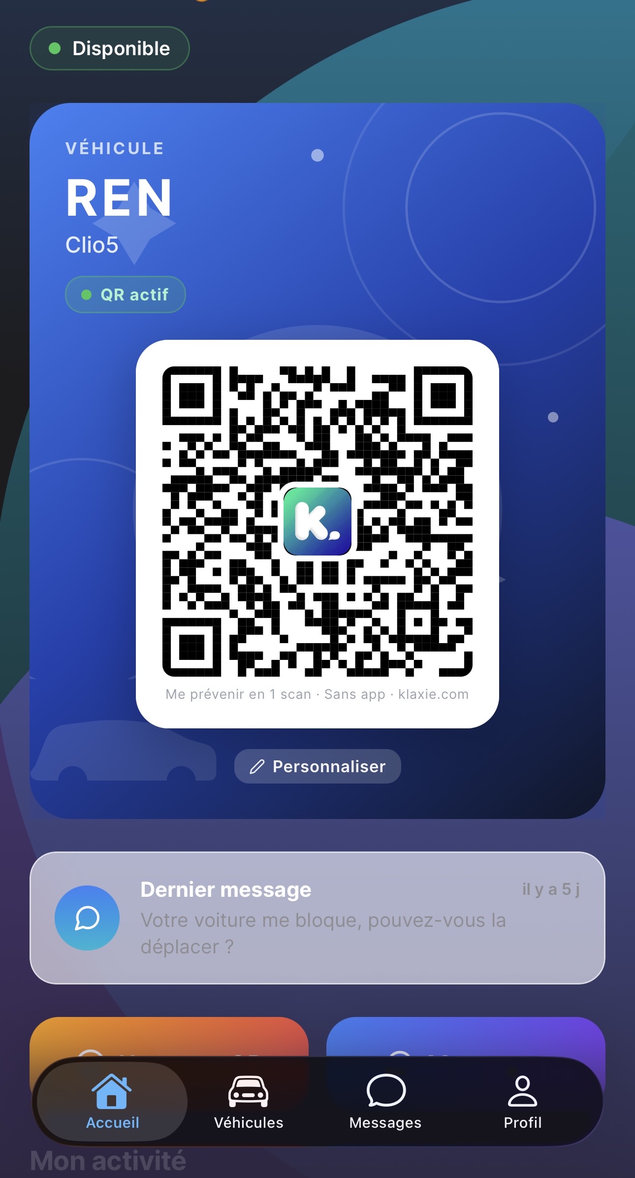 Accueil Klaxie — QR code du véhicule