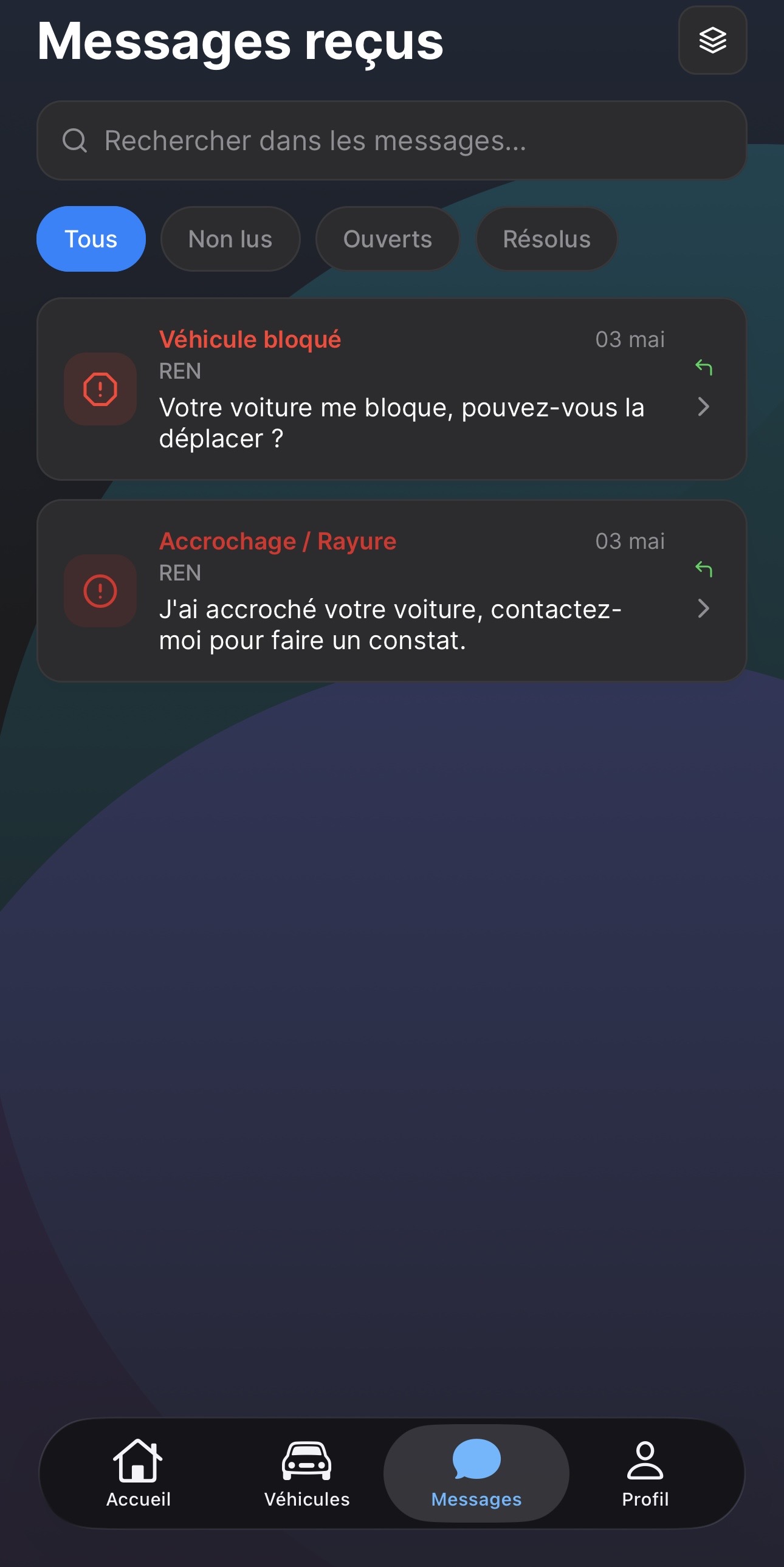 Messages reçus dans Klaxie